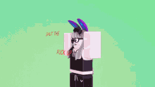 a girl with glasses and bunny ears is standing in front of a sign that says " shut the fuck up "