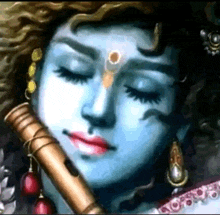 a painting of a woman playing a flute with her eyes closed