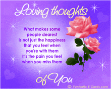 a purple card with two pink roses and the words " loving thoughts "