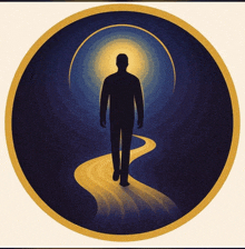 a silhouette of a man walking down a path with a light behind him