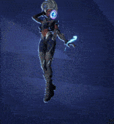 a woman in a futuristic outfit is standing in a dark room