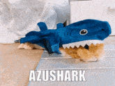 a cat wearing a shark costume with the word azushark written on it