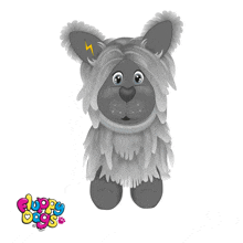 a cartoon dog with a lightning bolt on its ear and the words fluffy dogs below it
