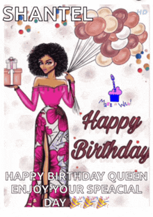 a birthday card for shantel with a woman holding balloons and a gift