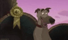 a cartoon dog is standing next to a ribbon on a table .