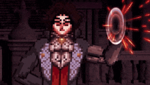 a pixel art drawing of a woman holding a torch with a light coming out of it