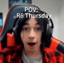 a blurry picture of a person wearing headphones with the words pov r6 thursday above them