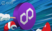 a cartoon character is holding a stick in front of a purple coin that says eco on the bottom