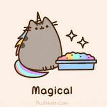 a cat with a unicorn horn and tail is sitting next to a rainbow colored litter box .