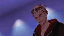 a man with red eyes is wearing a black jacket