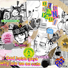 a collage of old man yaoi characters with the words " god hates gays why are we so cute "