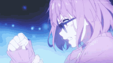 a purple haired anime girl with glasses and a purple sweater