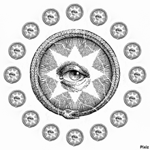a black and white drawing of an all seeing eye is surrounded by coins