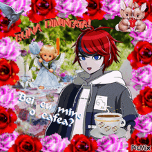a boy with red hair is holding a cup of coffee in front of red roses and an angel