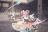 a cartoon drawing of a girl riding a fish with a sword