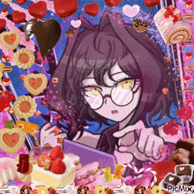 a picture of a girl with glasses surrounded by hearts and cakes with the words picmix on the bottom