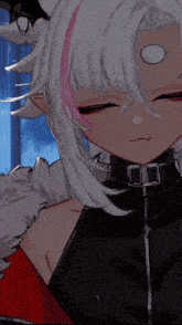 a close up of a girl with white hair and a red stripe