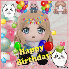 a picture of a girl with balloons and the words happy birthday on the bottom