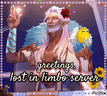 a picture of a man with long white hair and the words greetings lost in limbo server below him