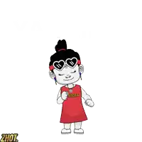 a cartoon drawing of a girl wearing sunglasses and a shirt that says ' zhout ' on it