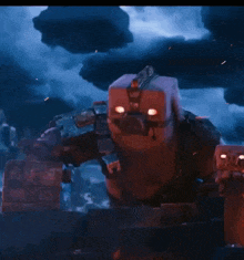 a robot with a gas mask on is standing in front of a cloudy sky .