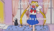 a cartoon of a girl holding a piece of paper with the words " i don t understand why is miku yellow "