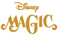 a logo for disney magic is shown in gold on a white background