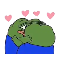 a frog is kissing another frog on the cheek while surrounded by pink hearts .