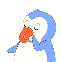 a blue and white penguin is drinking from a red mug