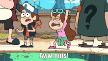 a cartoon character says aww nuts while holding a lollipop