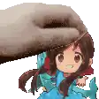 a pixel art of a girl in a blue dress being propped up by a hand .