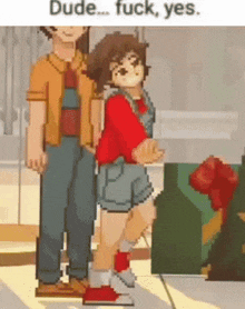 a pixel art of a boy and a girl standing next to each other with the words dude fuck yes written above them