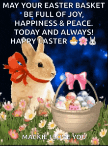 a picture of a bunny and a basket of easter eggs with the words may your easter basket be full of joy