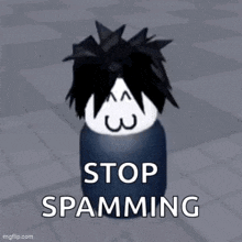 a person with black hair and a white face is standing on a tiled floor with the words `` stop spamming '' .