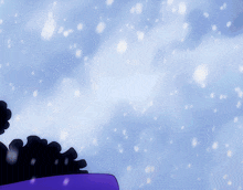 a cartoon drawing of a person in a purple coat with snow falling
