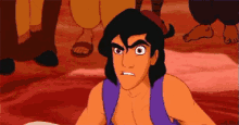 a cartoon character named aladdin with a purple vest on
