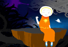 a cartoon character with a sun on his shirt is sitting on a rock