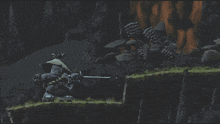 a video game scene with a samurai statue in the foreground and a waterfall in the background