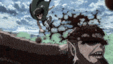 a man in a green cape is jumping over a monster