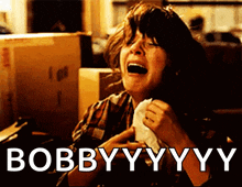 a woman is screaming with the words bobby yy yy written below her