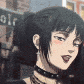 a girl wearing a choker and earrings is standing in front of a street sign that says ol