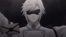 a man with white hair and a black mask is holding a letter