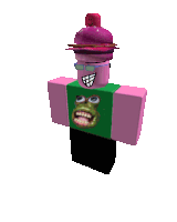 a pink and green roblox character with a frog face
