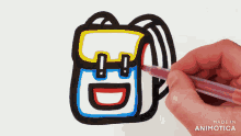 a person is drawing a backpack with a pink marker and the words made in animotica behind them