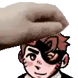 a hand is holding a cartoon character 's head in a pixel art style .