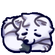 a cartoon of a white cat sleeping on a white surface .