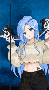 a girl with blue hair is holding up a pair of nike shoes