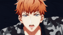 a close up of a anime character with orange hair and blue eyes