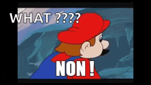 a cartoon character with a red hat and the words `` what ? '' and `` non ! ''
