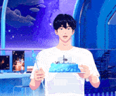a man in a white shirt is holding a blue cake with a sailboat on top